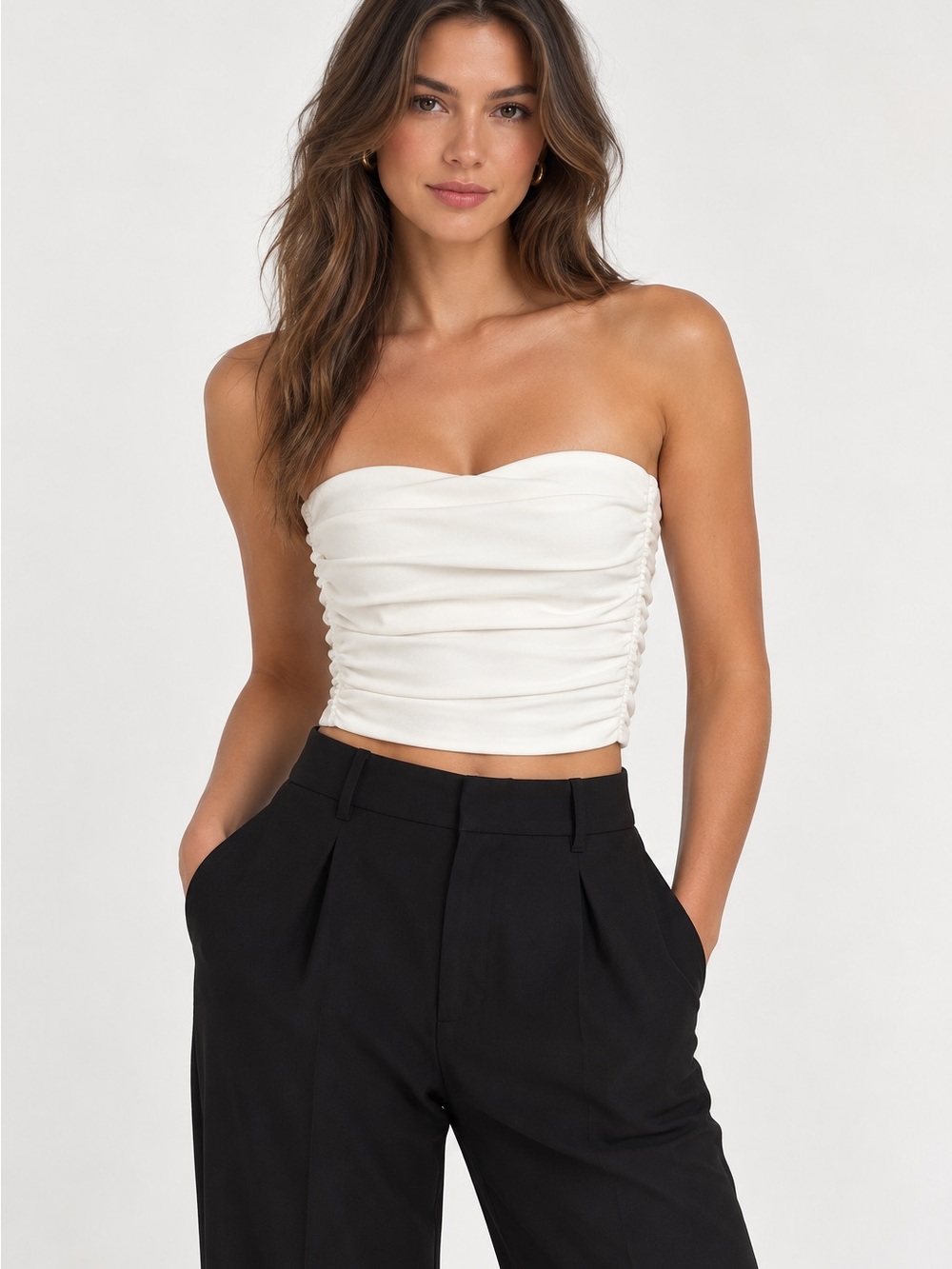 Zara White Strapless Ruched Crop Top